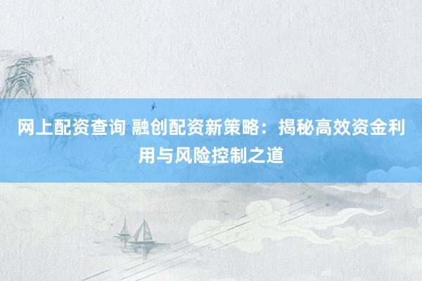 网上配资查询 融创配资新策略：揭秘高效资金利用与风险控制之道